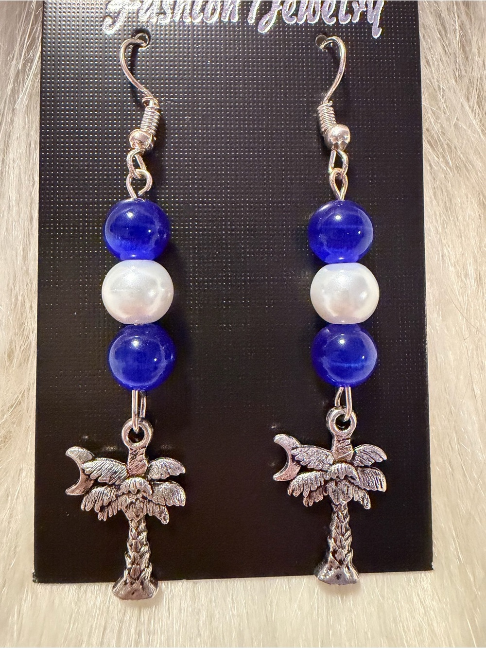 Fashion Jewelry Blue and White Bead Palm Tree Drop Earrings